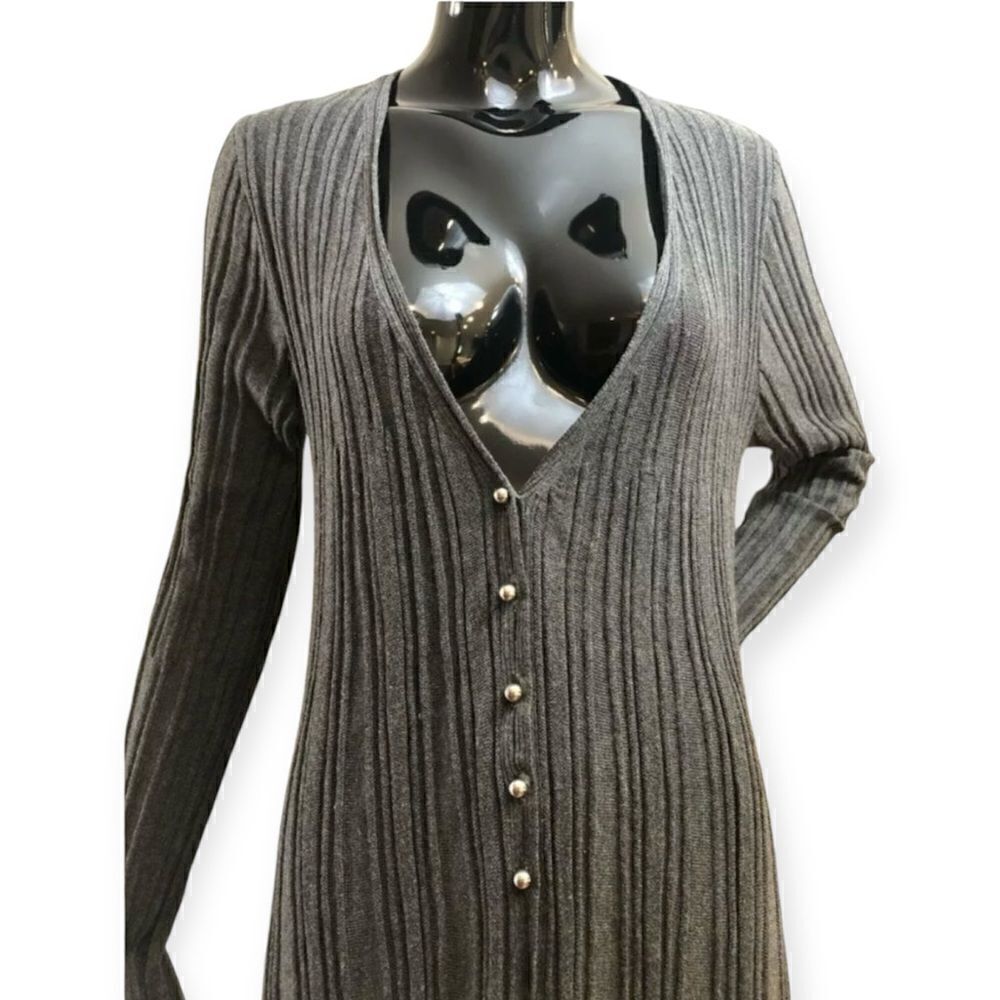Kerisma Ribbed Deep V Neck Half Button Sweater Dress Size Medium - Picture 2 of 5
